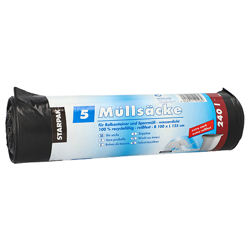9 x 5 Müllsäcke, LDPE 240 l 125 cm x 100 cm schwarz extra stark und extra reißfest