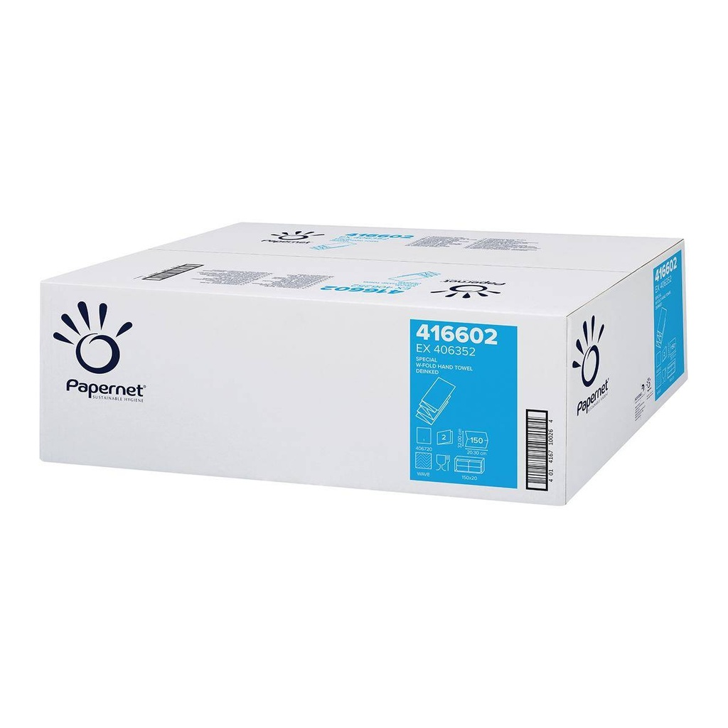 Papierhandtücher 2-lagig, W-Falz, 20,30cm x 32,00 cm, Deinktes Papier weiß, 3000 Blatt/Karton