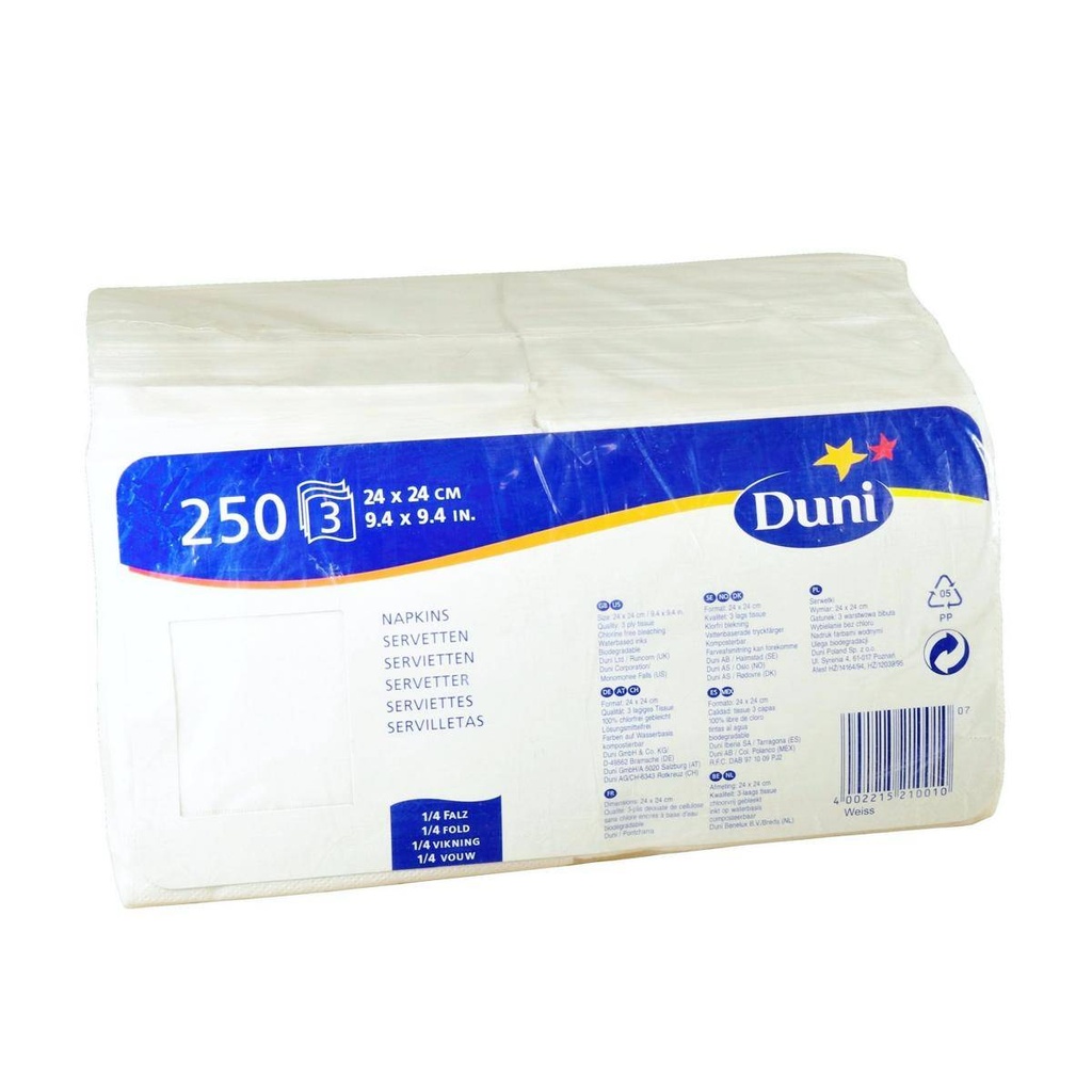 DUNI Zelltuch-Servietten 40 x 40 cm, 3-lagig, 1/4 Falz, 250 Stück/Pack | Uni weiß