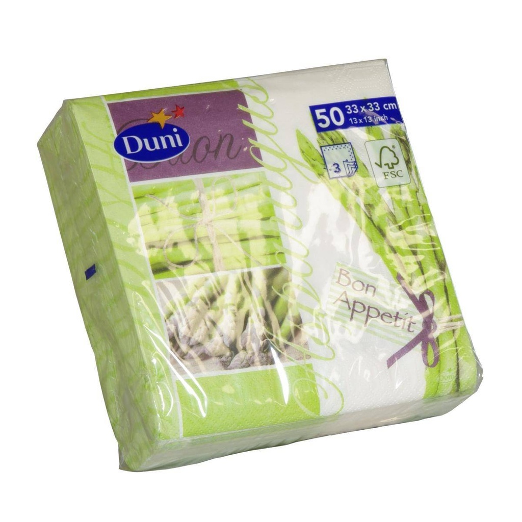 Zelltuch-Servietten 33 x 33 cm, 3-lagig, 1/4 Falz 50 Stück/Pack | mit Motiv Spargel
