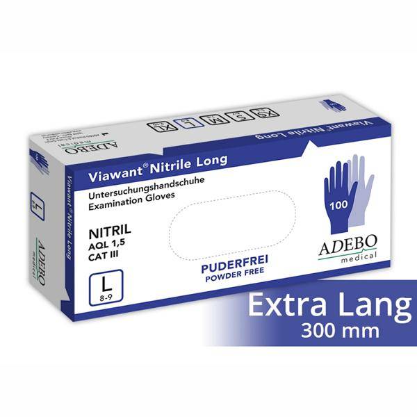 Einweghandschuhe Nitril, LG puderfrei, blau 30 cm lang, "Viawant Nitrile Long", 100 Stück/Box | Größe L