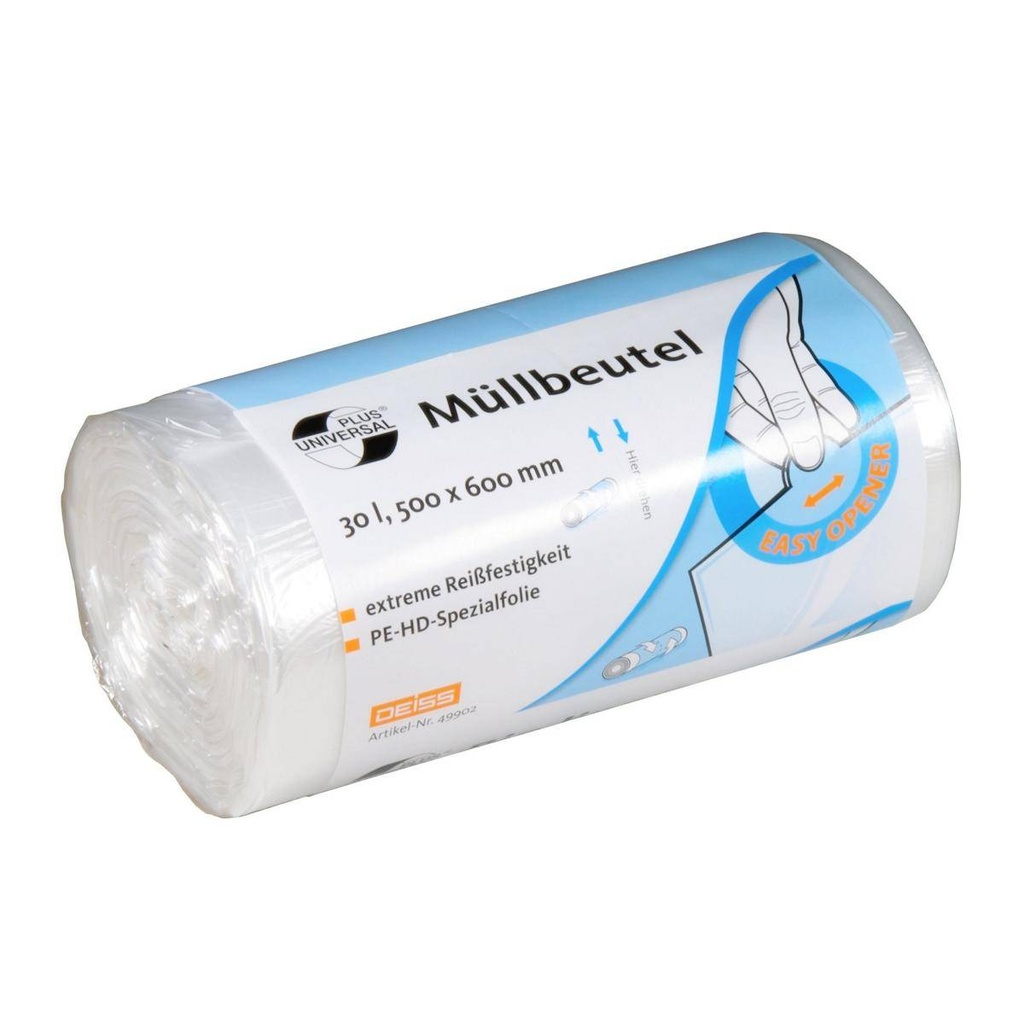 Müllbeutel 30 Liter, 6 µ, HDPE transparent, 500 x 600 mm | 100 Stück/Rolle