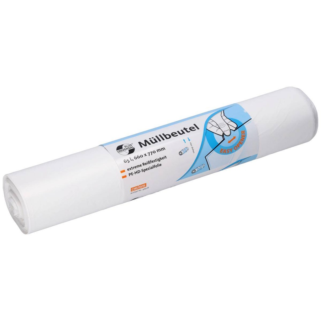 Müllbeutel 65 Liter, 15 µ, HDPE, weiß, 660 x 770 mm | 50 Stück/Rolle