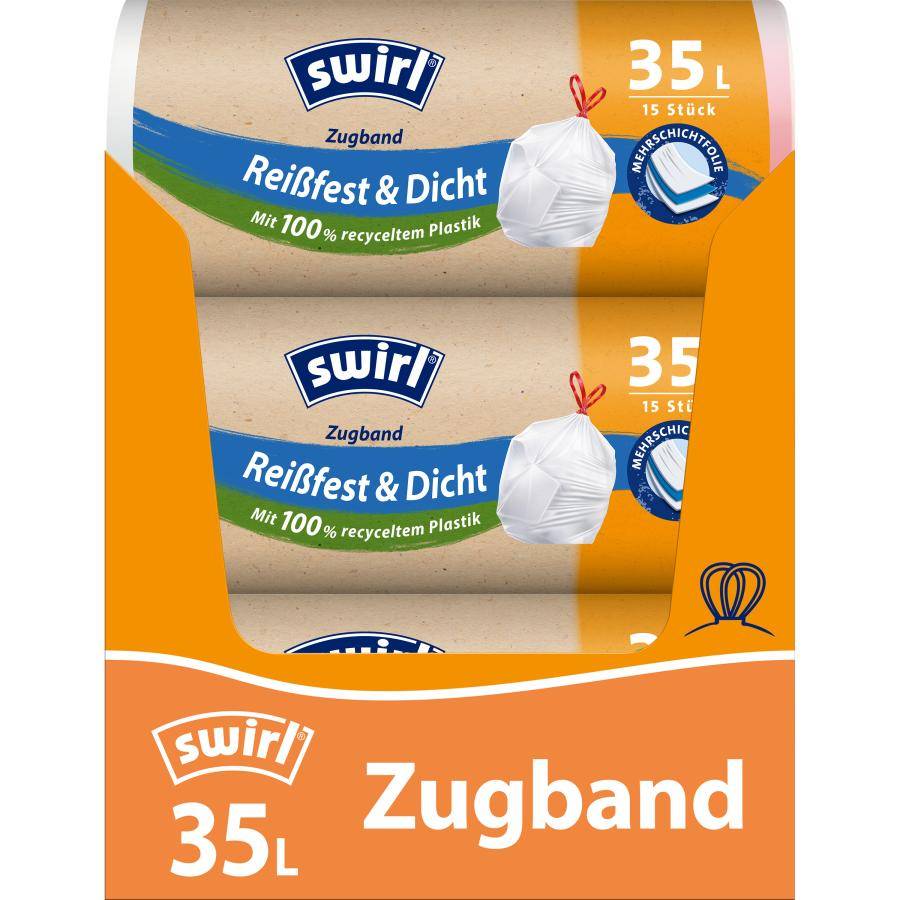 Müllbeutel 35 Liter mit Zugband, weiß, 650 x 700 mm | 15 Beutel/Rolle