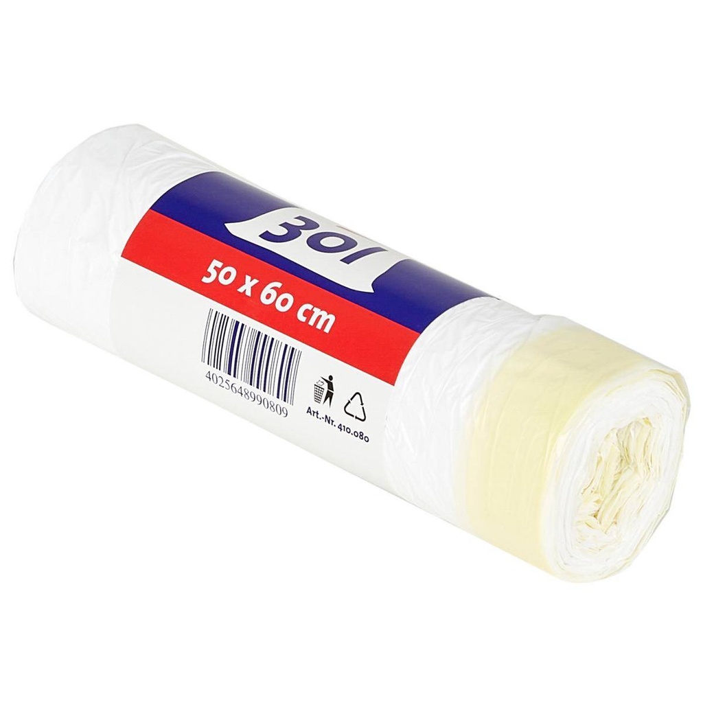 Müllbeutel 30 Liter, 10,5 µ, HDPE, weiß, mit Zugband, 500 x 600 mm | 40 Stück/Rolle