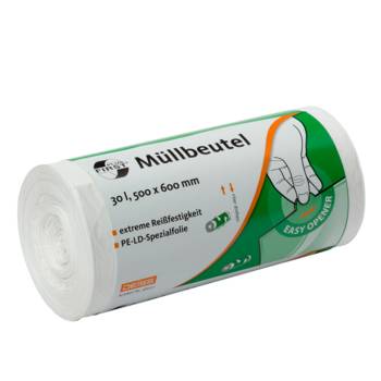 Müllbeutel 30 Liter, 12 µ, LDPE weiß, 500 x 600 mm | 50 Beutel/Rolle