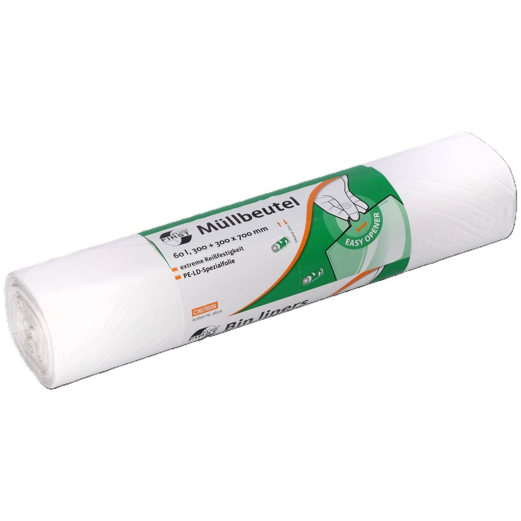 Müllbeutel First Plus® 60 Liter, 23µ, LDPE weiß, 300 x 300 x 700 mm | 50 Stück/Rolle