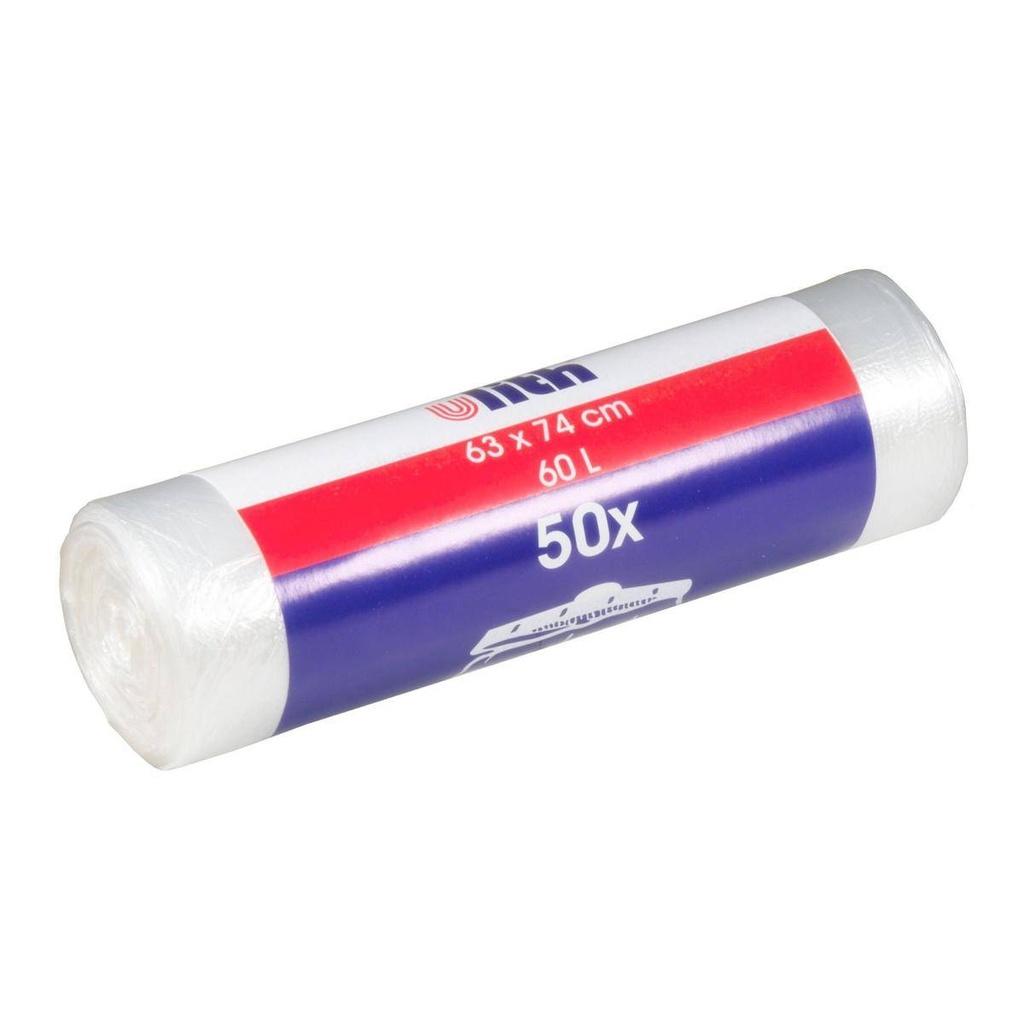 Müllbeutel 60 Liter, 6 µm HDPE transparent, 630 x 740 mm | 50 Stück/Rolle