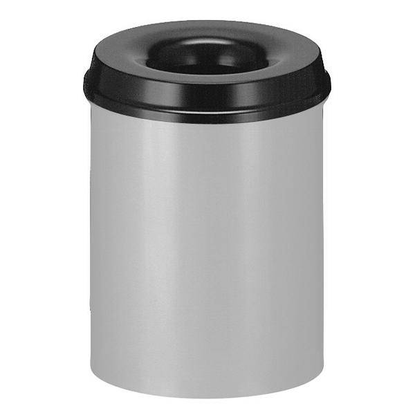 Abfallbehälter, Papierkorb 15 Liter rund, feuerlöschend/selbstlöschend, geschlossen, aus Metall | aluminiumfarben/schwarz