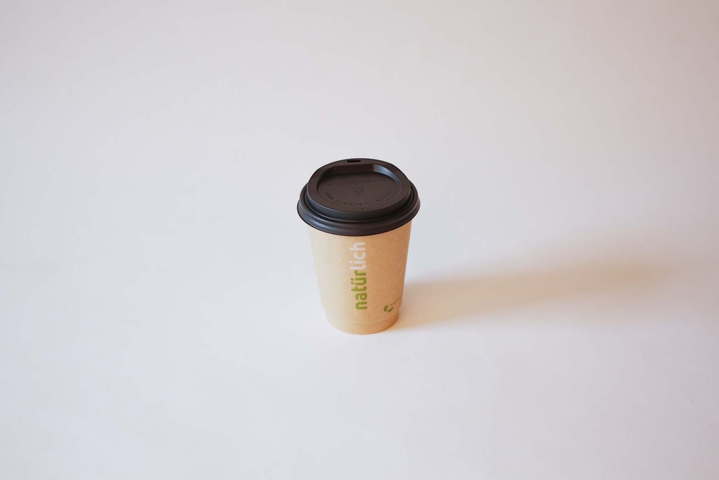Kaffeebecher Ø90 mm 300 ml – 500 Stück, braun mit Deckel CPLA schwarz / braun / 1000 Stk.