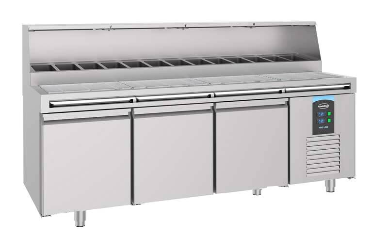 Pizzatisch 3 Türen aus Edelstahl, 13 x 1/3 GN, 2370 x 850 x 1360 mm