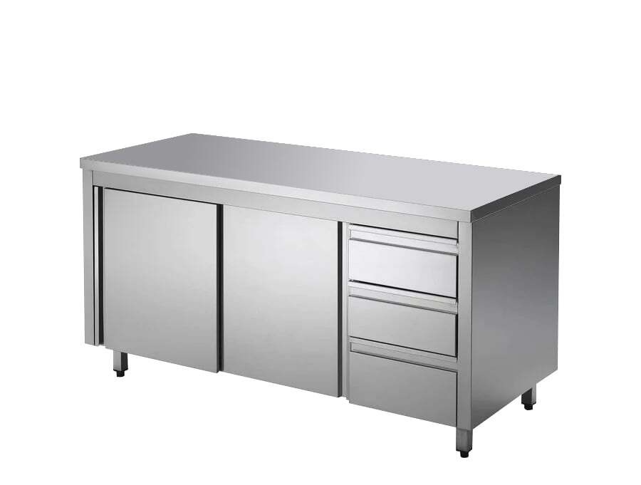 Edelstahl-Arbeitsschrank ECO mit Schiebetür und 3 Schubladen 15x7