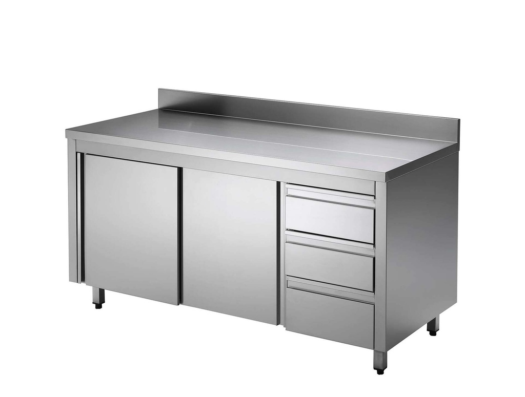 Edelstahl-Arbeitsschrank ECO mit Schiebetür und 3 Schubladen 16x6 mit Aufkantung
