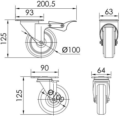 2 x Rolle mit Bremse für Monoblock Serie