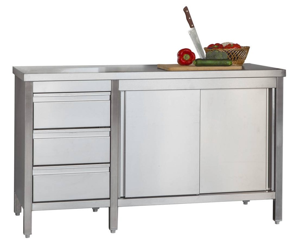 Edelstahl Arbeitsschrank Profi mit Schiebetüren und 3 Schubladen 1800 x 600 x 850 mm