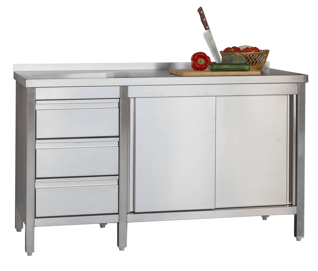 Edelstahl Arbeitsschrank Profi mit Schiebetüren - Aufkantung und 3 Schubladen 2000 x 700 x 850 mm
