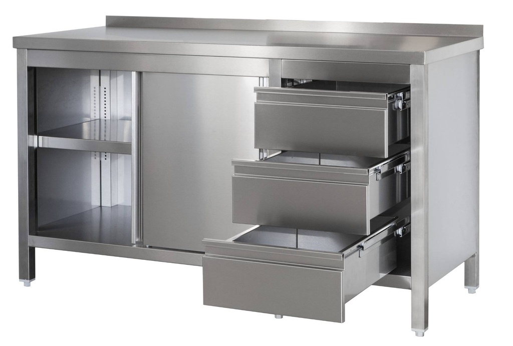 Edelstahl Arbeitsschrank mit Aufkantung, Schubladenblock rechts, Türen und höhenverstellbaren Zwischenboden | Bautiefe 700mm |  AISI 304