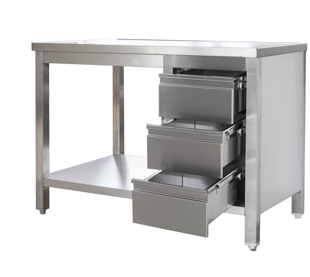 Edelstahl Arbeitstisch mit Schubladenblock rechts verschweißt | Bautiefe 600mm | mit Grundboden | AISI 304