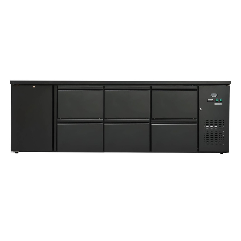 Flaschenkühltisch 600 Liter | Schwarz | 1 Tür + 6 Schubladen | 2545 x 520 x 840 mm