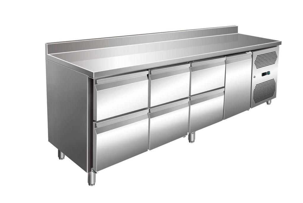 VIP Kühltisch mit 3x 2 Schubladen und 1 Tür und Aufkantung -2 bis +8°C 2.230x700x960 mm