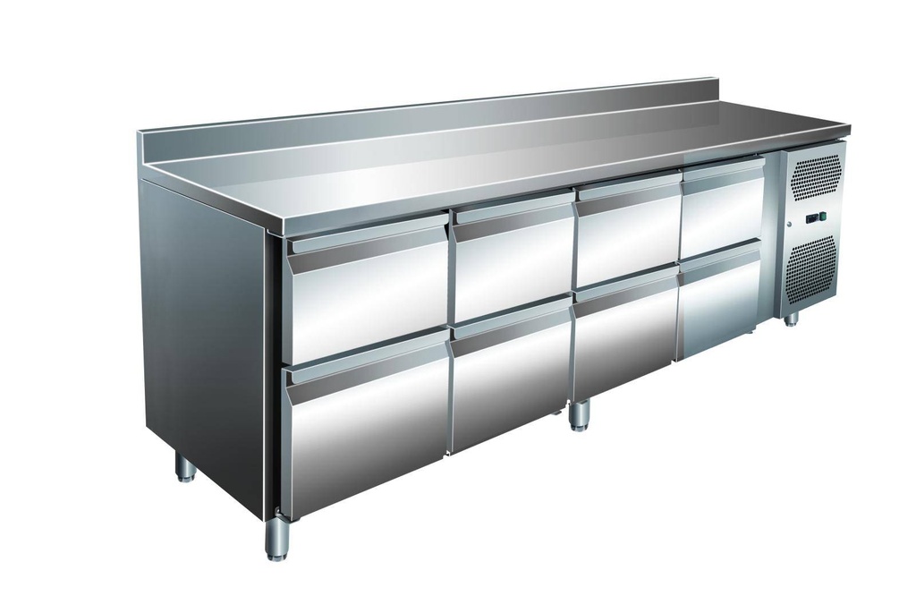 VIP Kühltisch mit 4x 2 Schubladen und Aufkantung -2 bis +8°C 2.230x700x960 mm