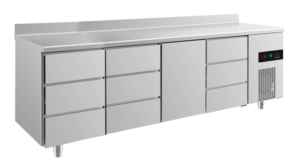Kühltisch -2 bis +8°C 2330x700x850mm mit 1x Tür und 3x drei Schubladen u. Aufkantung