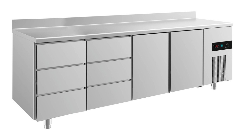 Kühltisch -2 bis +8°C 2330x700x850mm mit 2x Türen und 2x drei Schubladen u. Aufkantung