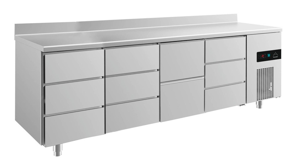 Kühltisch -2 bis +8°C 2330x700x850mm mit 1x zwei Schubladen und 3x drei Schubladen u. Aufkantung