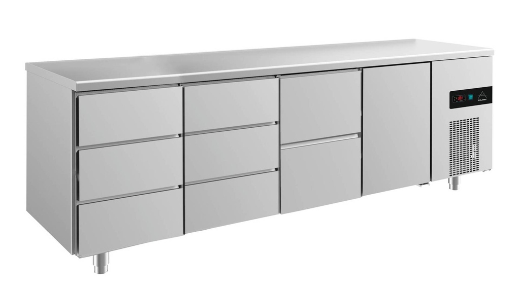 Kühltisch -2 bis +8°C 2330x700x850mm mit 1x Tür, 1x zwei Schubladen und 2x 3 Schubladen