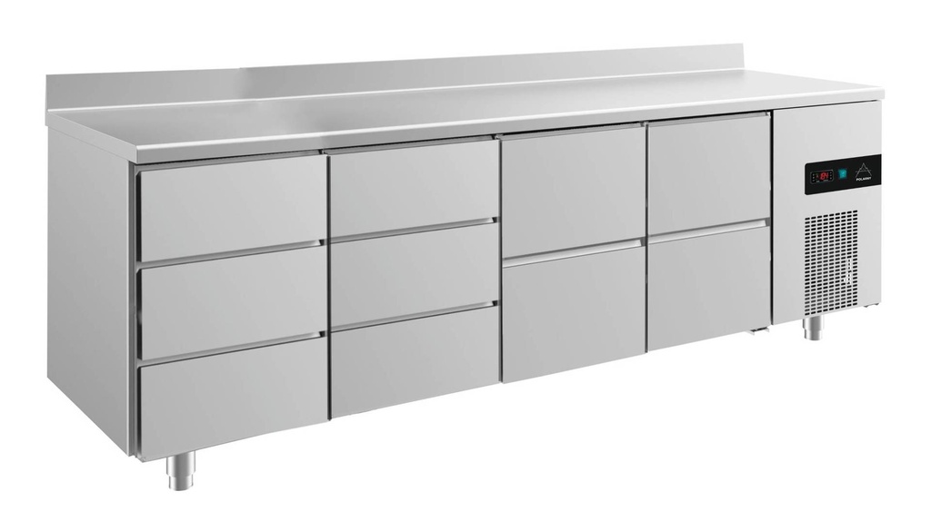 Kühltisch -2 bis +8°C 2330x700x850mm mit 2x zwei Schubladen und 2x drei Schubladen u. Aufkantung