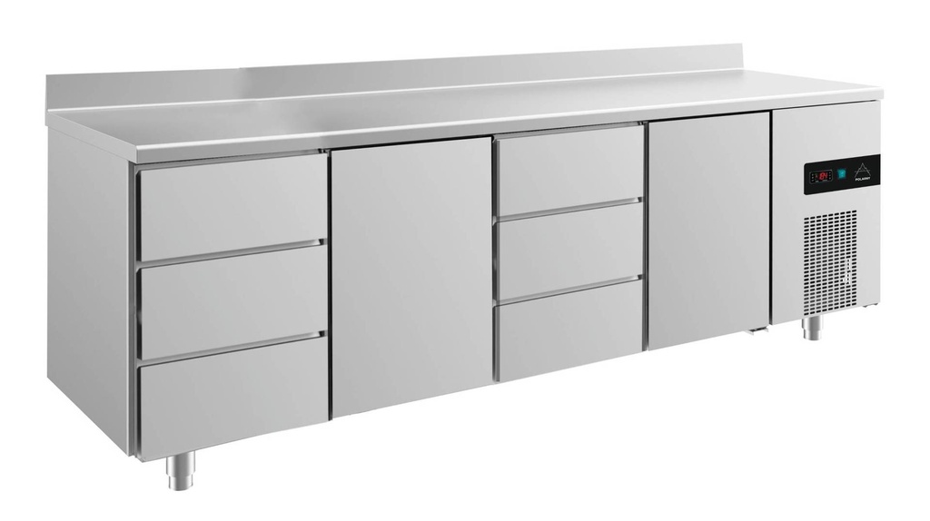 Kühltisch -2 bis +8°C 2330x700x850mm mit 2x Türen und 2x drei Schubladen u. Aufkantung