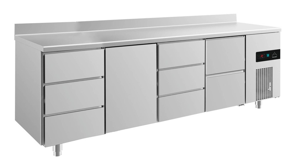 Kühltisch -2 bis +8°C 2330x700x850mm mit 1x Tür, 1x zwei Schubladen und 2x 3 Schubladen u. Aufkantung