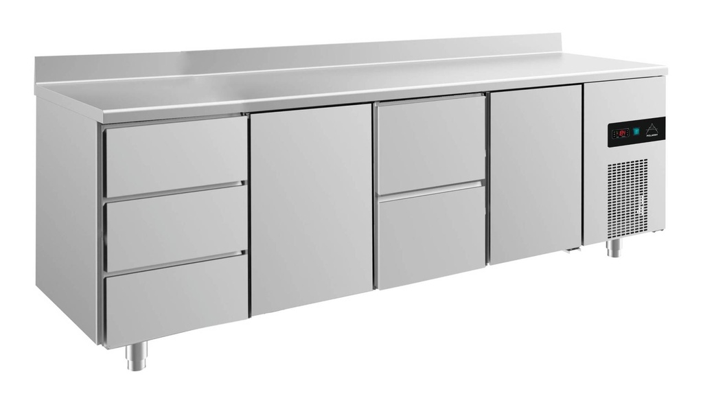 Kühltisch -2 bis +8°C 2330x700x850mm mit 2x Türen, 1x zwei Schubladen und 1x 3 Schubladen u. Aufkantung