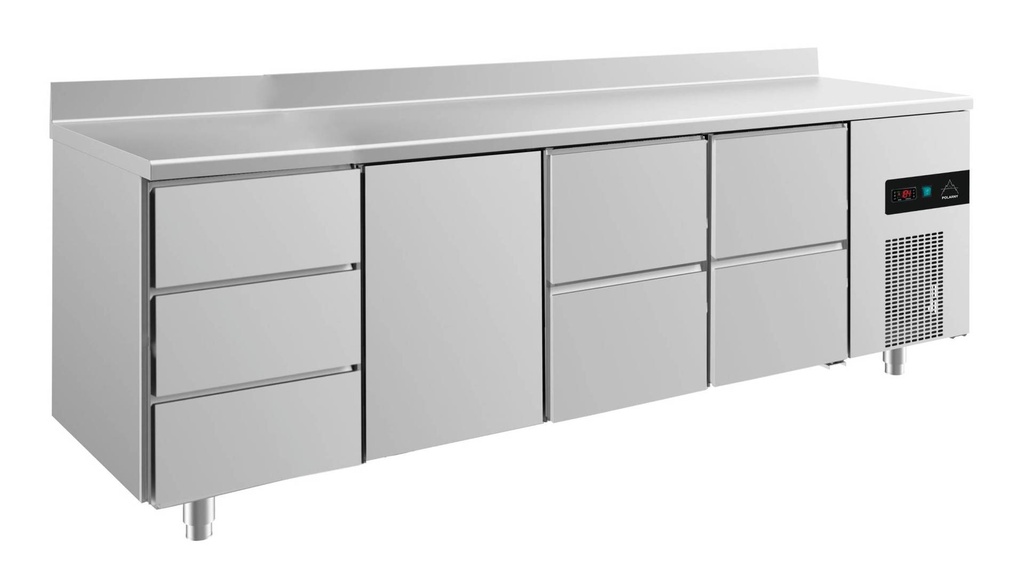 Kühltisch -2 bis +8°C 2330x700x850mm mit 1x Tür, 2x zwei Schubladen und 1x 3 Schubladen u. Aufkantung