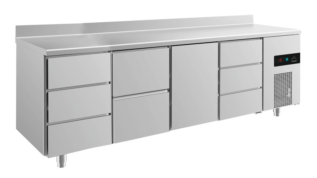 Kühltisch -2 bis +8°C 2330x700x850mm mit 1x Tür, 1x zwei Schubladen und 2x 3 Schubladen u. Aufkantung