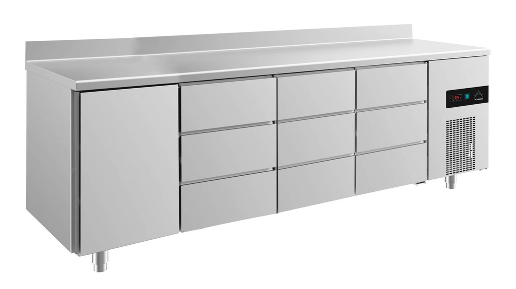 Kühltisch -2 bis +8°C 2330x700x850mm mit 1x Tür, 3x 3 Schubladen u. Aufkantung