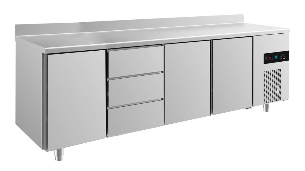 Kühltisch -2 bis +8°C 2330x700x850mm mit 3x Türen und 1x drei Schubladen u. Aufkantung