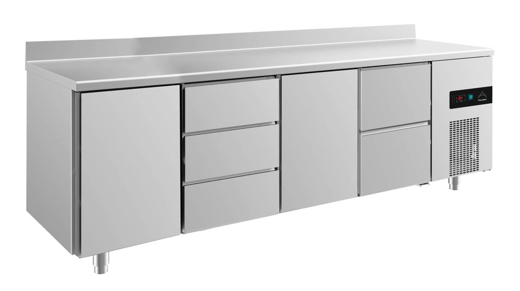 Kühltisch -2 bis +8°C 2330x700x850mm mit 2x Türen, 1x zwei Schubladen und 1x 3 Schubladen u. Aufkantung