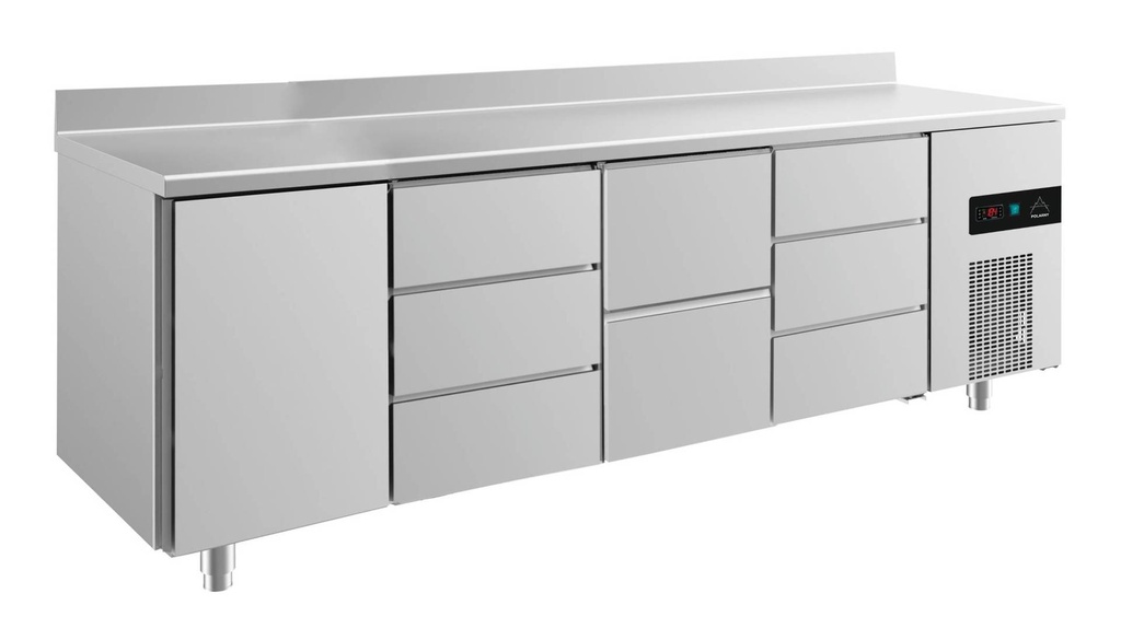 Kühltisch -2 bis +8°C 2330x700x850mm mit 1x Tür, 1x zwei Schubladen und 2x 3 Schubladen u. Aufkantung