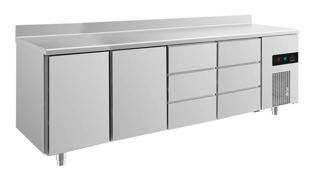 Kühltisch -2 bis +8°C 2330x700x850mm mit 2x Türen und 2x drei Schubladen u. Aufkantung