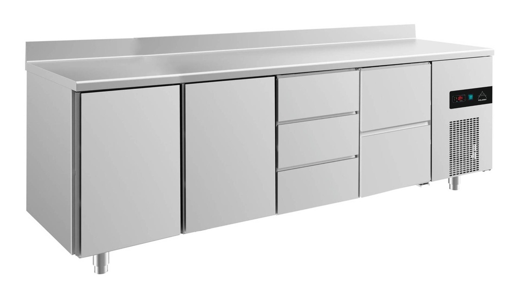 Kühltisch -2 bis +8°C 2330x700x850mm mit 2x Türen, 1x zwei Schubladen und 1x 3 Schubladen u. Aufkantung