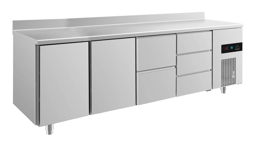Kühltisch -2 bis +8°C 2330x700x850mm mit 2x Türen, 1x zwei Schubladen und 1x 3 Schubladen u. Aufkantung
