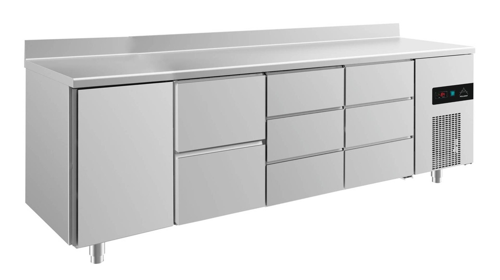 Kühltisch -2 bis +8°C 2330x700x850mm mit 1x Tür, 1x zwei Schubladen und 2x 3 Schubladen u. Aufkantung