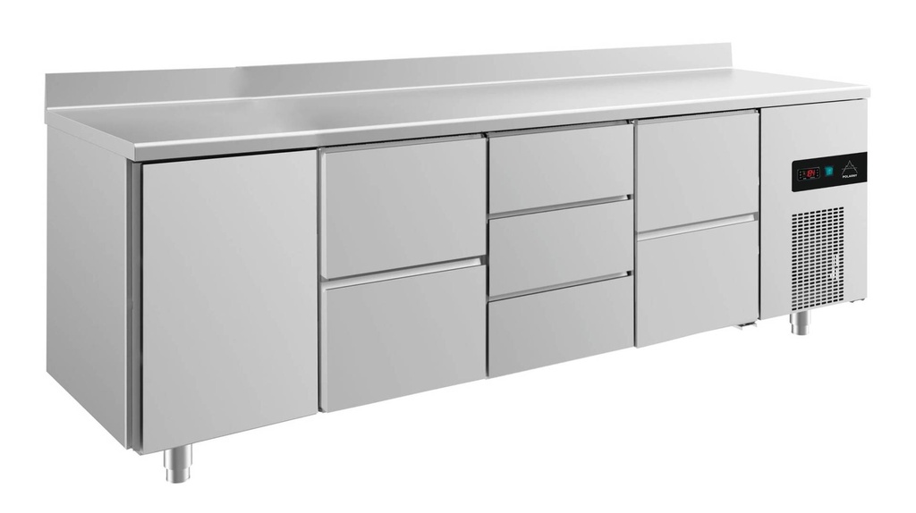 Kühltisch -2 bis +8°C 2330x700x850mm mit 1x Tür, 2x zwei Schubladen und 1x 3 Schubladen u. Aufkantung