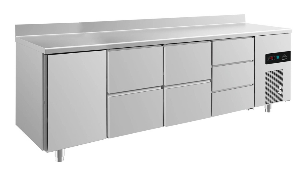 Kühltisch -2 bis +8°C 2330x700x850mm mit 1x Tür, 2x zwei Schubladen und 1x 3 Schubladen u. Aufkantung