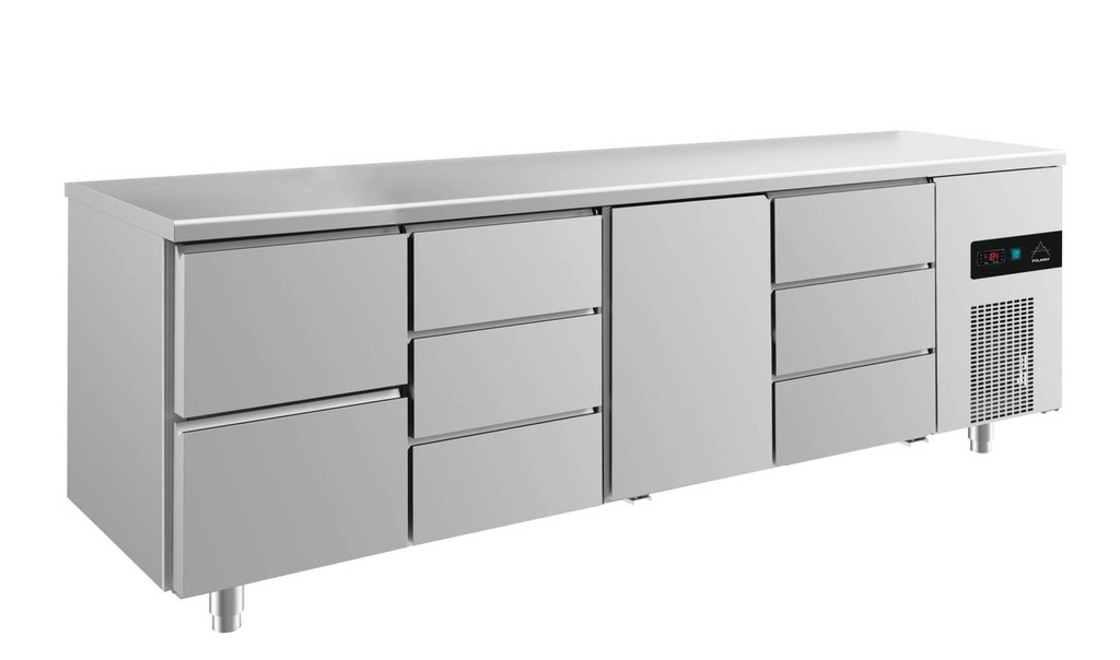 Kühltisch -2 bis +8°C 2330x700x850mm mit 1x Tür, 1x zwei Schubladen und 2x drei Schubladen