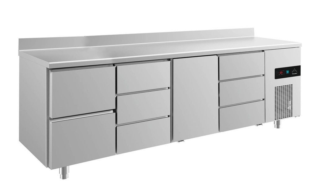 Kühltisch -2 bis +8°C 2330x700x850mm mit 1x Tür, 1x zwei Schubladen und 2x drei Schubladen u. Aufkantung