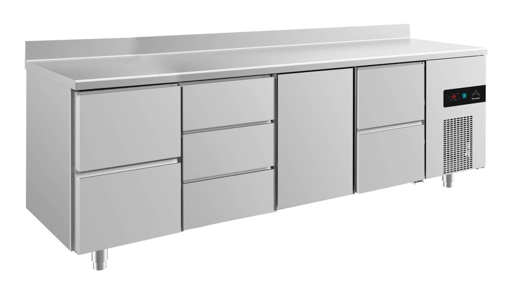Kühltisch -2 bis +8°C 2330x700x850mm mit 1x Tür, 2x zwei Schubladen und 1x 3 Schubladen u. Aufkantung