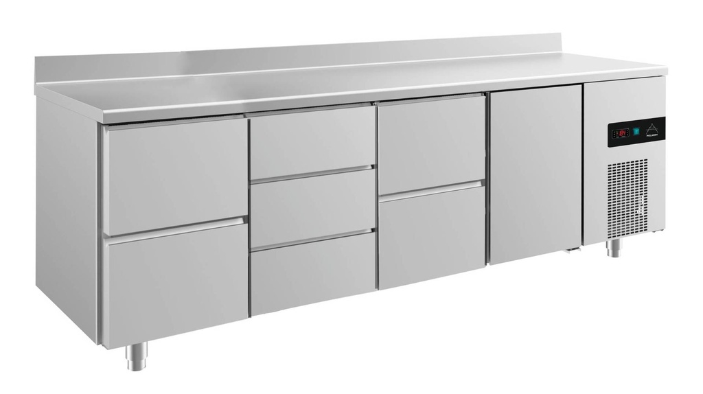Kühltisch -2 bis +8°C 2330x700x850mm mit 1x Tür, 2x zwei Schubladen und 1x 3 Schubladen u. Aufkantung