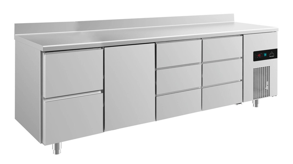 Kühltisch -2 bis +8°C 2330x700x850mm mit 1x Tür, 1x zwei Schubladen und 2x 3 Schubladen u. Aufkantung